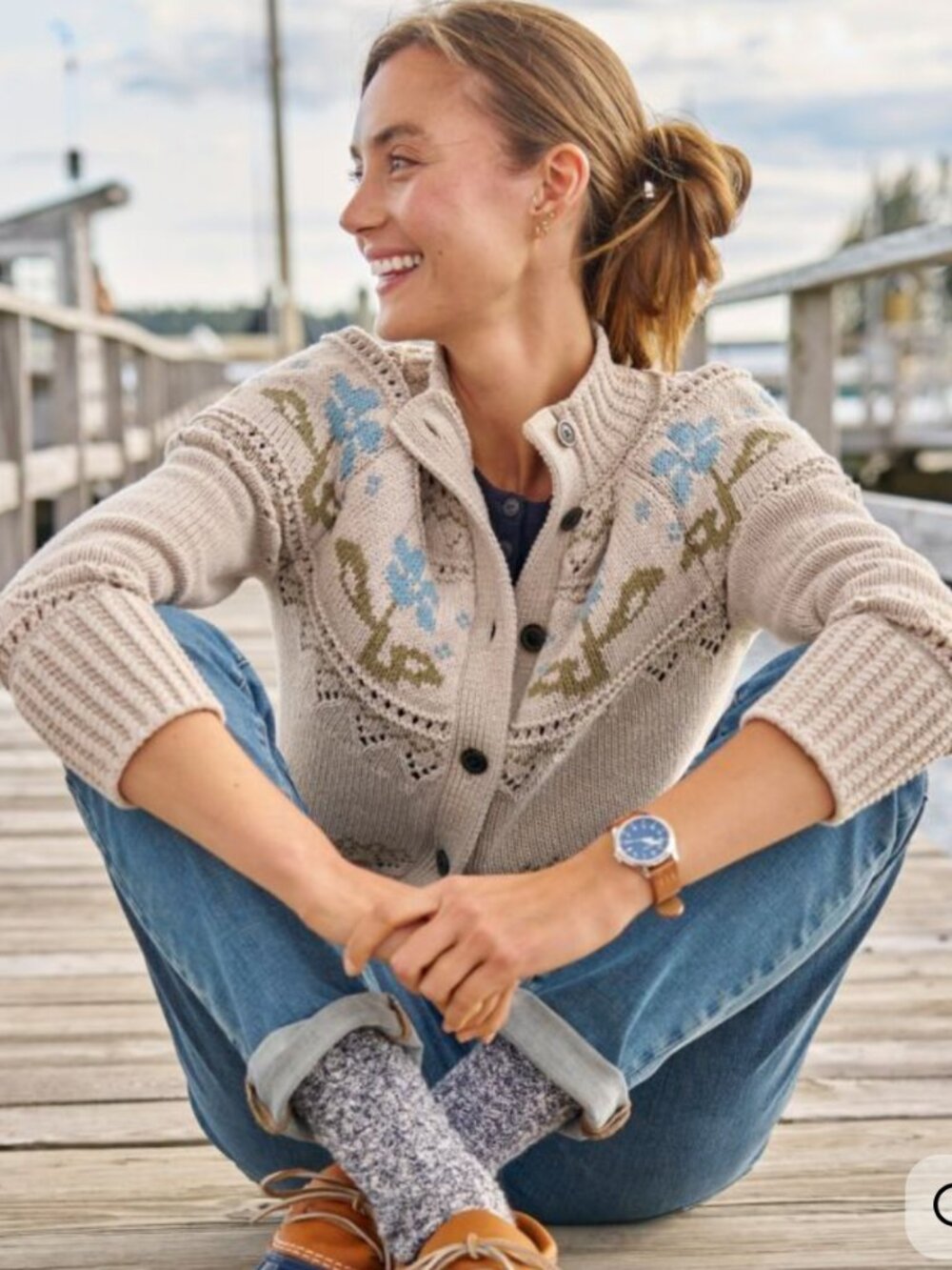 LL Bean Signature Cotton Fisherman Sweater Cardigan Fair Isle Women's Large
